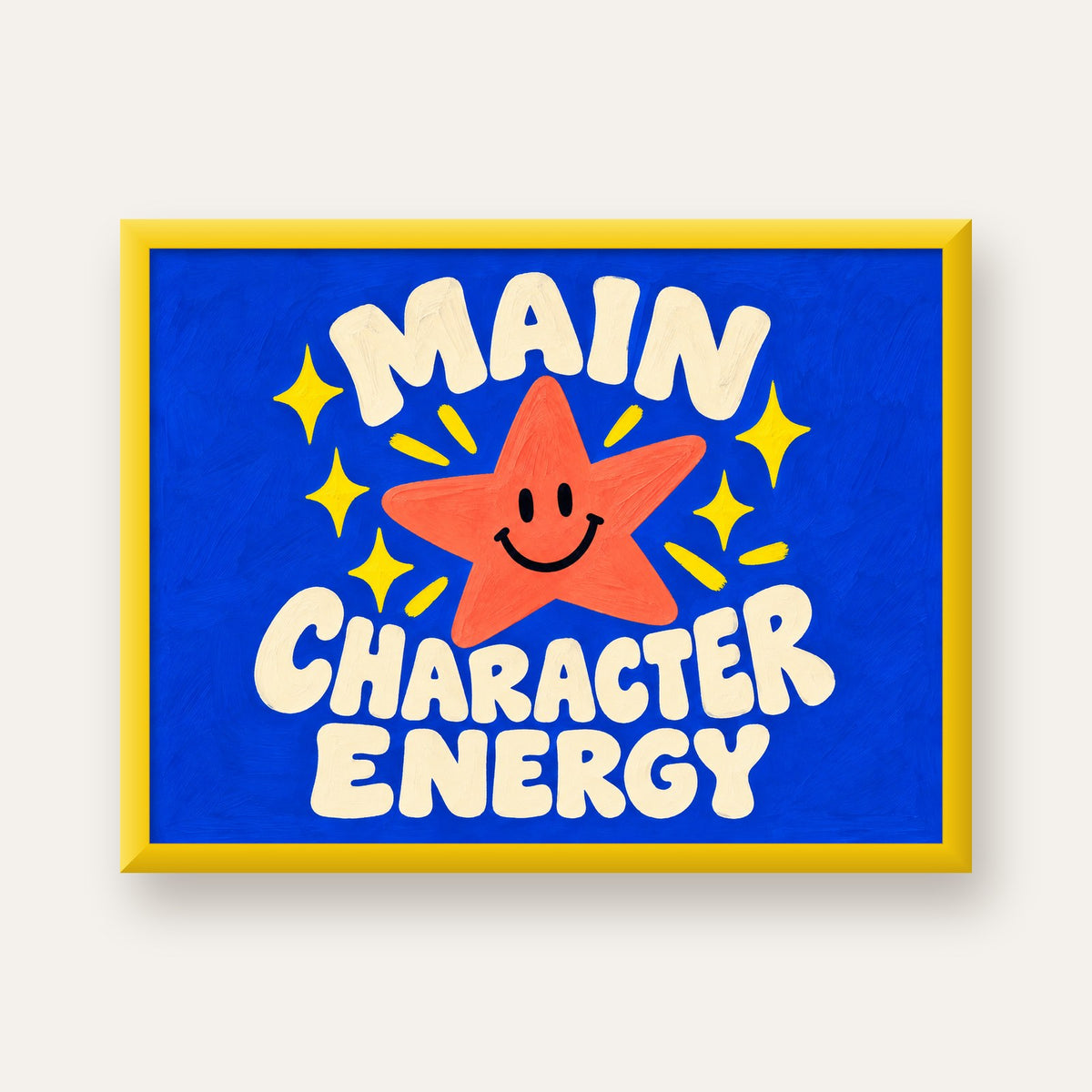 Gülen Yıldız ve 'MAIN CHARACTER ENERGY' Canlı Poster — sarı çerçeveli
