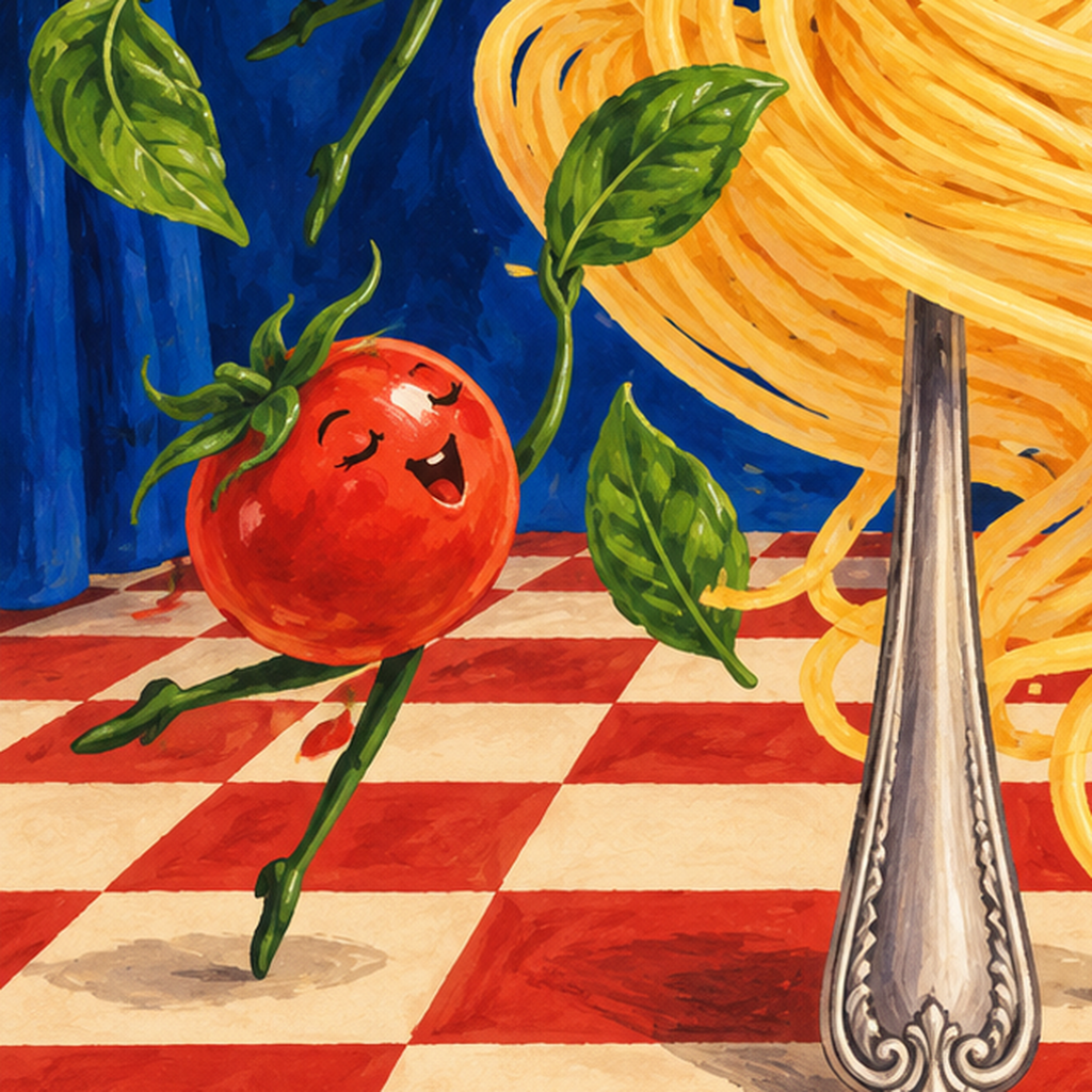 Spagetti Bale Dansı Poster – Renkli Modern Mutfağa Neşe — baskının yakın çekimi, kâğıt dokusu ve renk detayı