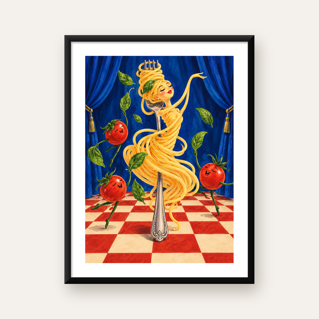 Spagetti Bale Dansı Poster – Renkli Modern Mutfağa Neşe — Dikey baskı, beyaz kenar boşluklu