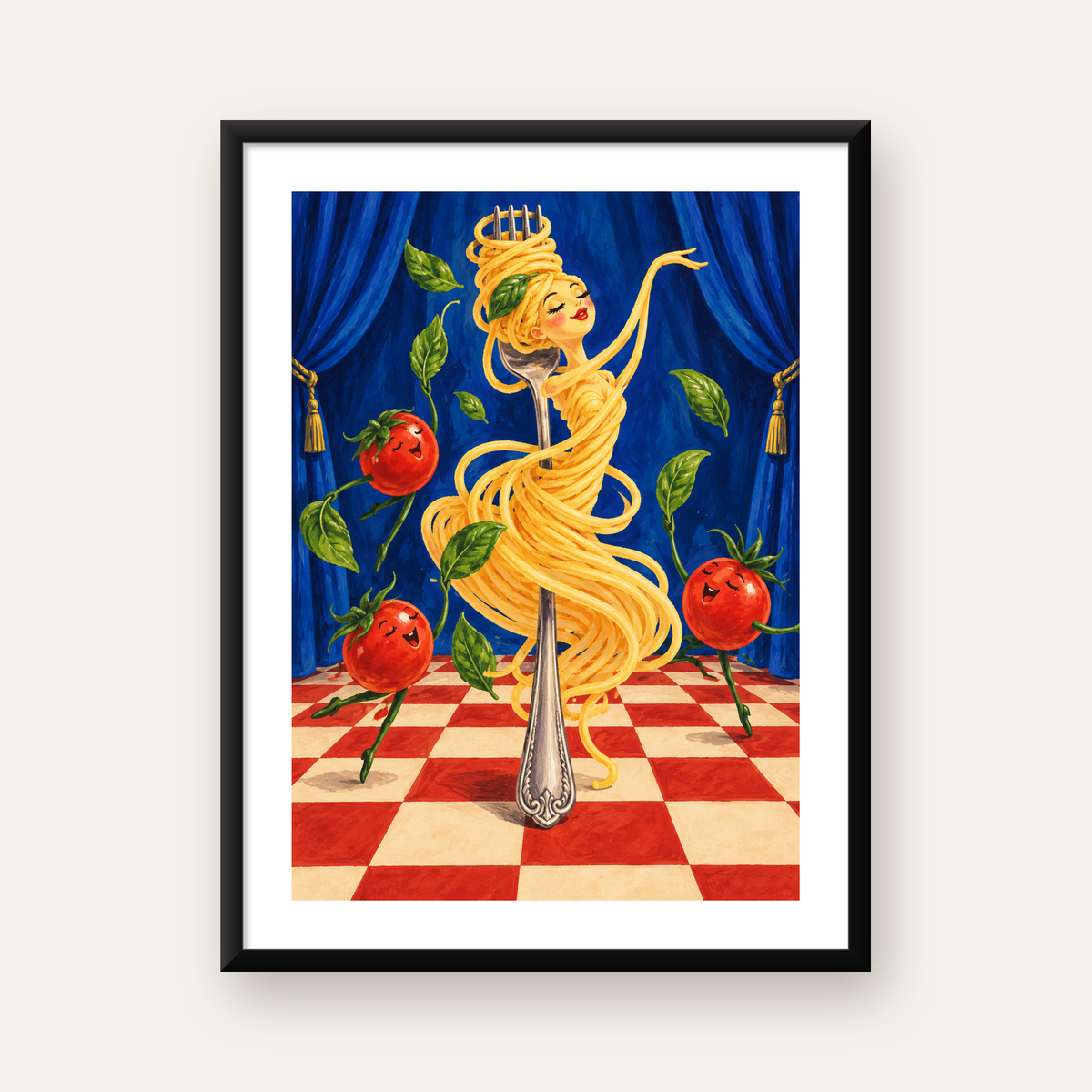 Spagetti Bale Dansı Poster – Renkli Modern Mutfağa Neşe — Dikey baskı, beyaz kenar boşluklu