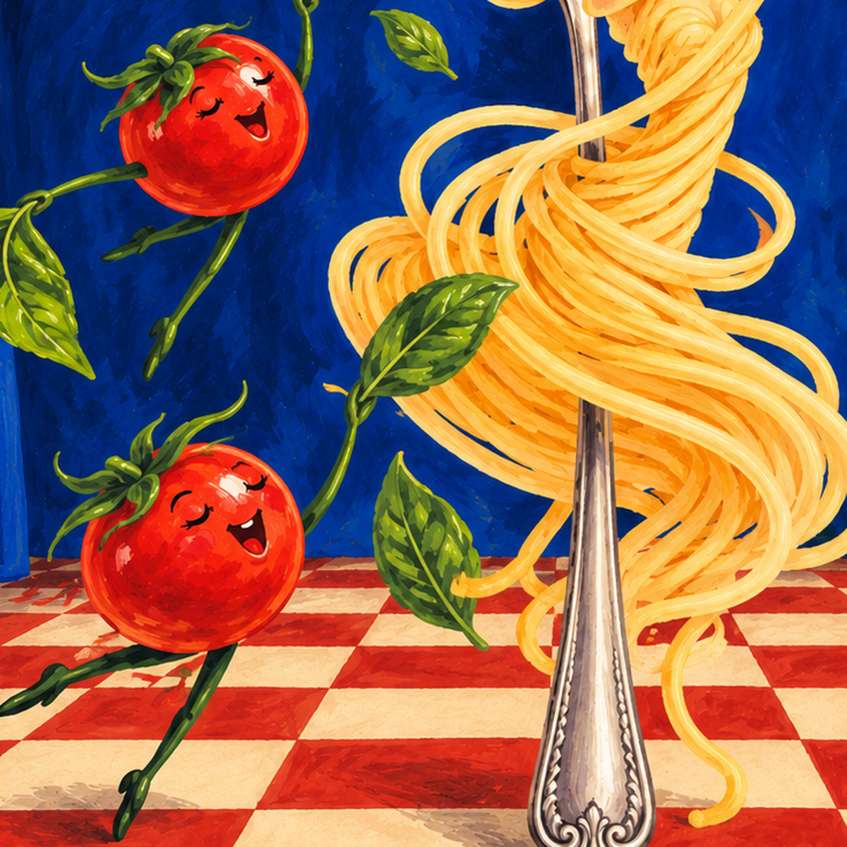 Spagetti Bale Dansı Poster – Renkli Modern Mutfağa Neşe — baskının yakın çekimi, kâğıt dokusu ve renk detayı