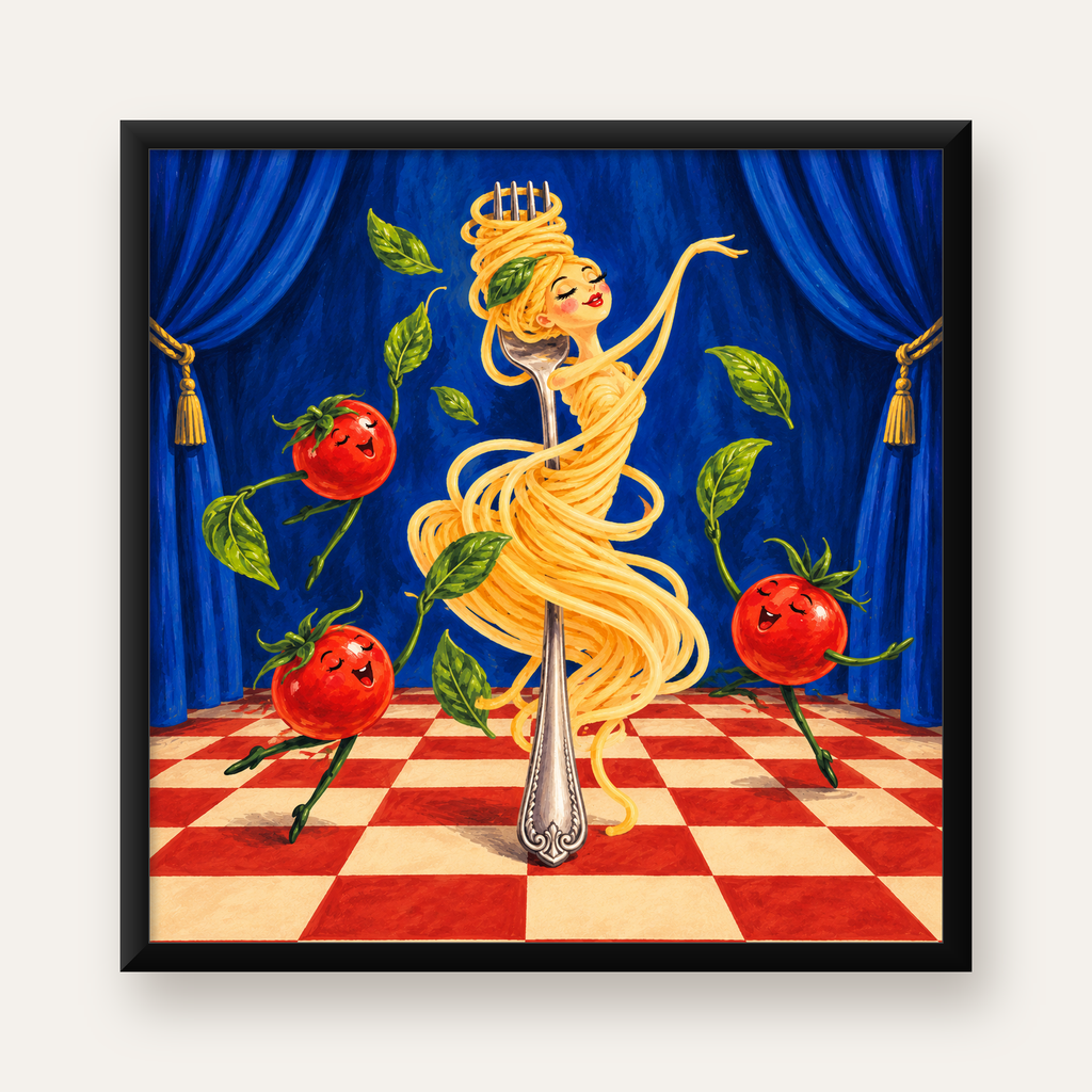 Spagetti Bale Dansı Poster – Renkli Modern Mutfağa Neşe — Kare baskı, düz siyah çerçeveli duvar posteri
