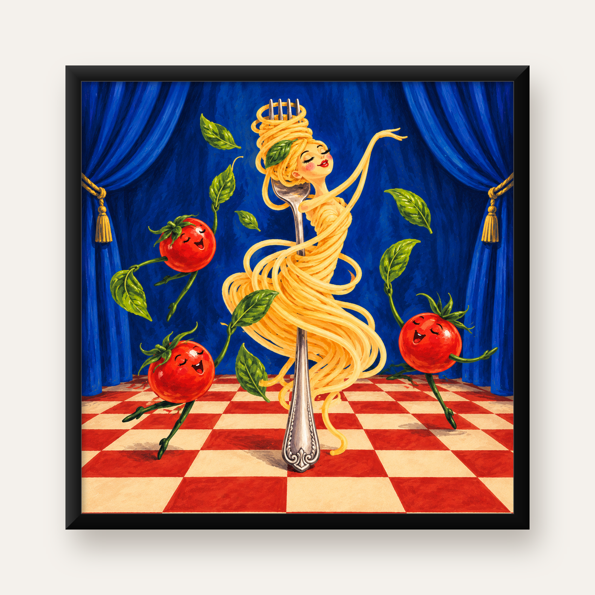 Spagetti Bale Dansı Poster – Renkli Modern Mutfağa Neşe — Kare baskı, düz siyah çerçeveli duvar posteri