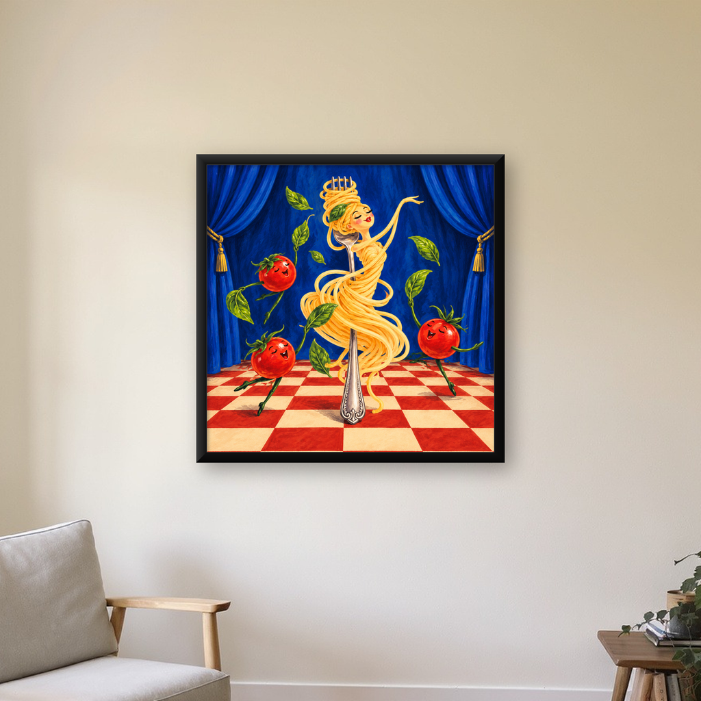Spagetti Bale Dansı Poster – Renkli Modern Mutfağa Neşe — Kare baskı, çerçeveli hâliyle bir ev duvarında