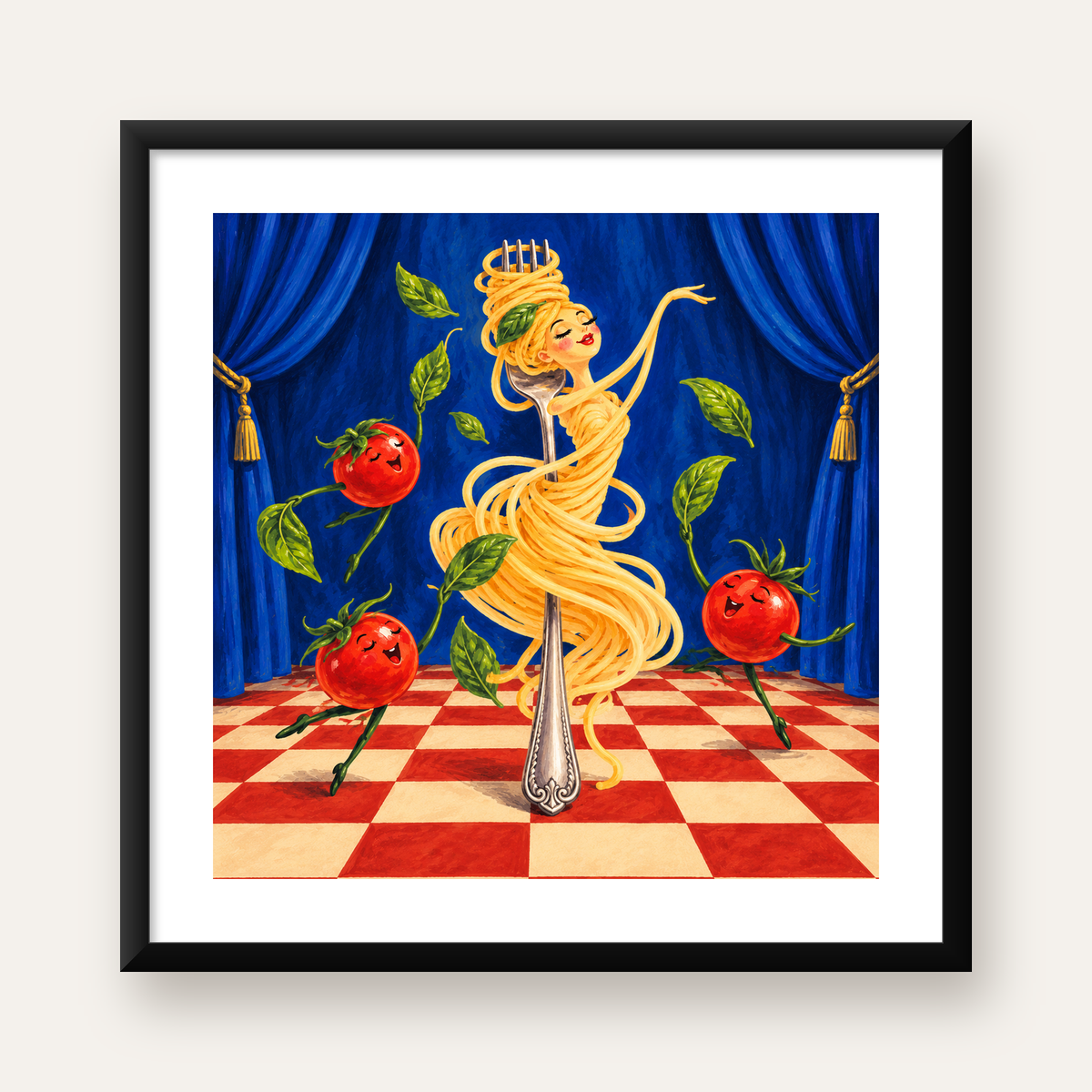 Spagetti Bale Dansı Poster – Renkli Modern Mutfağa Neşe — Kare baskı, beyaz kenar boşluklu