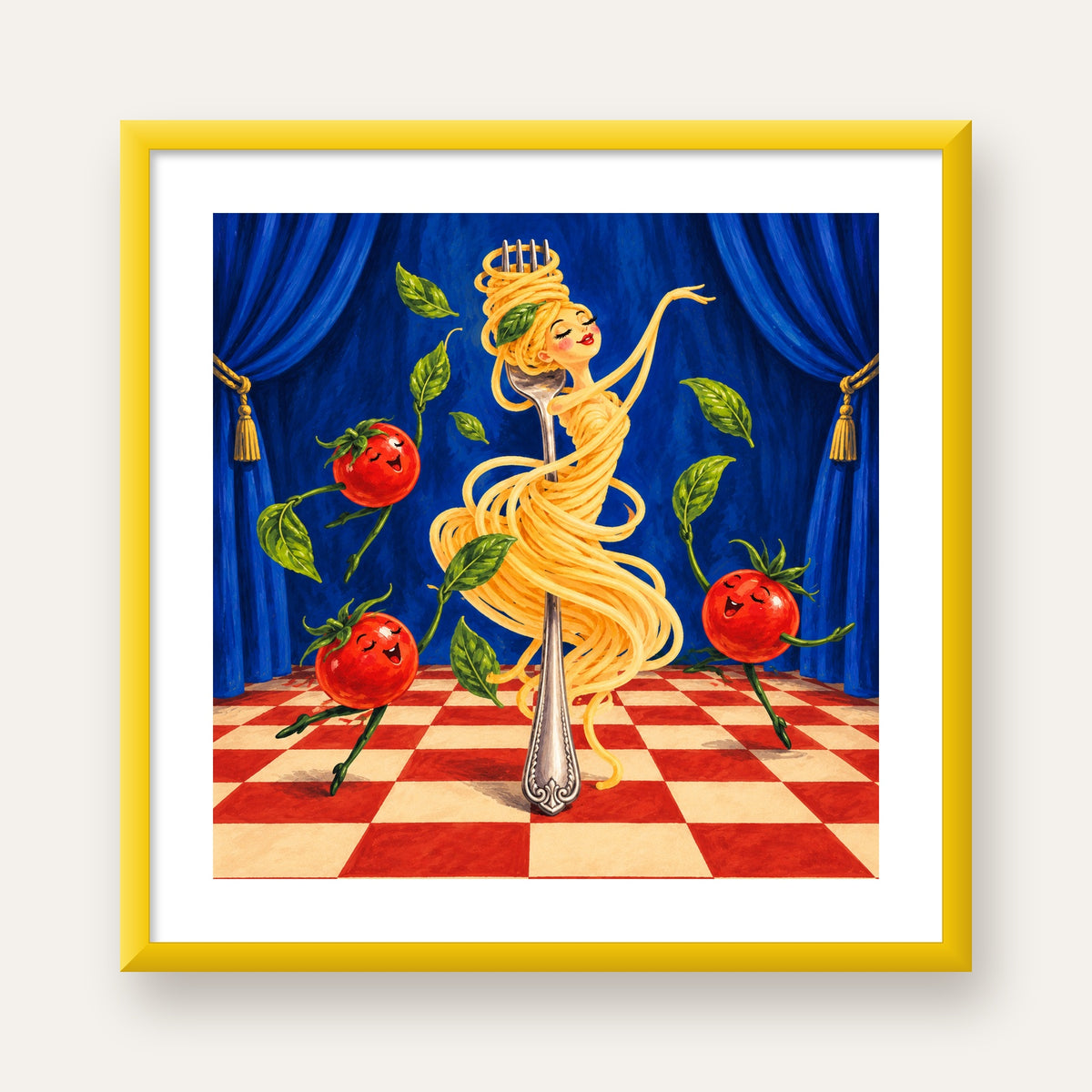Makarna Divası Renkli Mutfak Posteri — sarı çerçeveli paspartulu