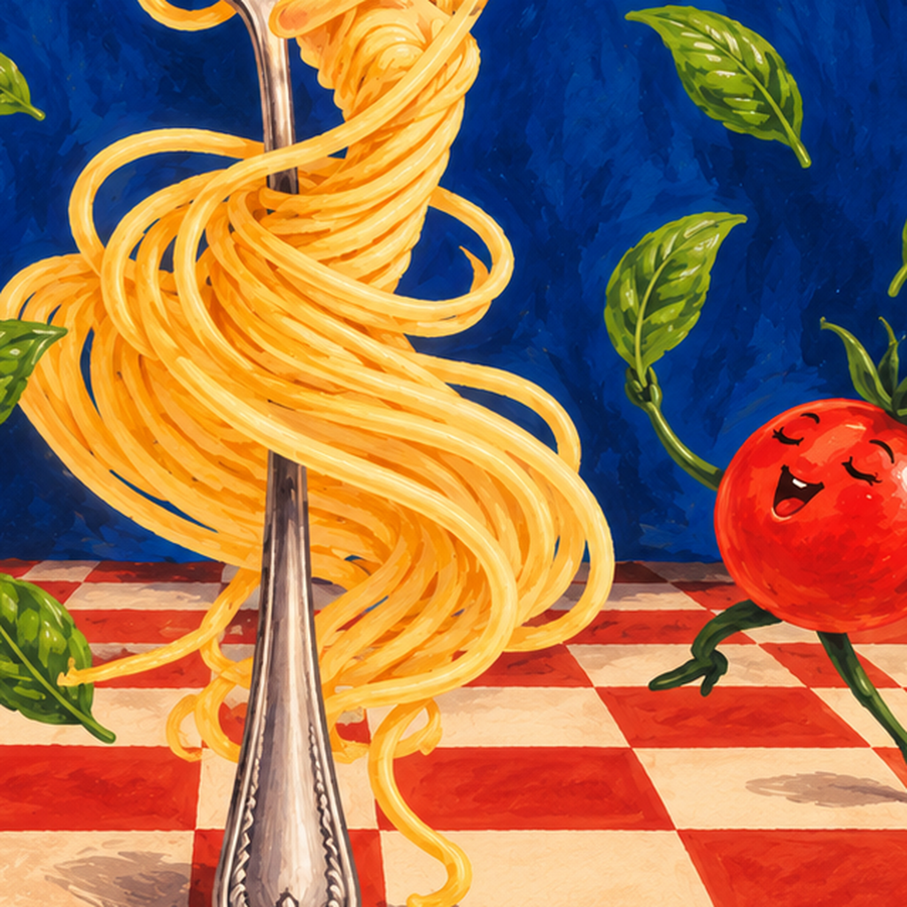 Spagetti Bale Dansı Poster – Renkli Modern Mutfağa Neşe — baskının yakın çekimi, kâğıt dokusu ve renk detayı