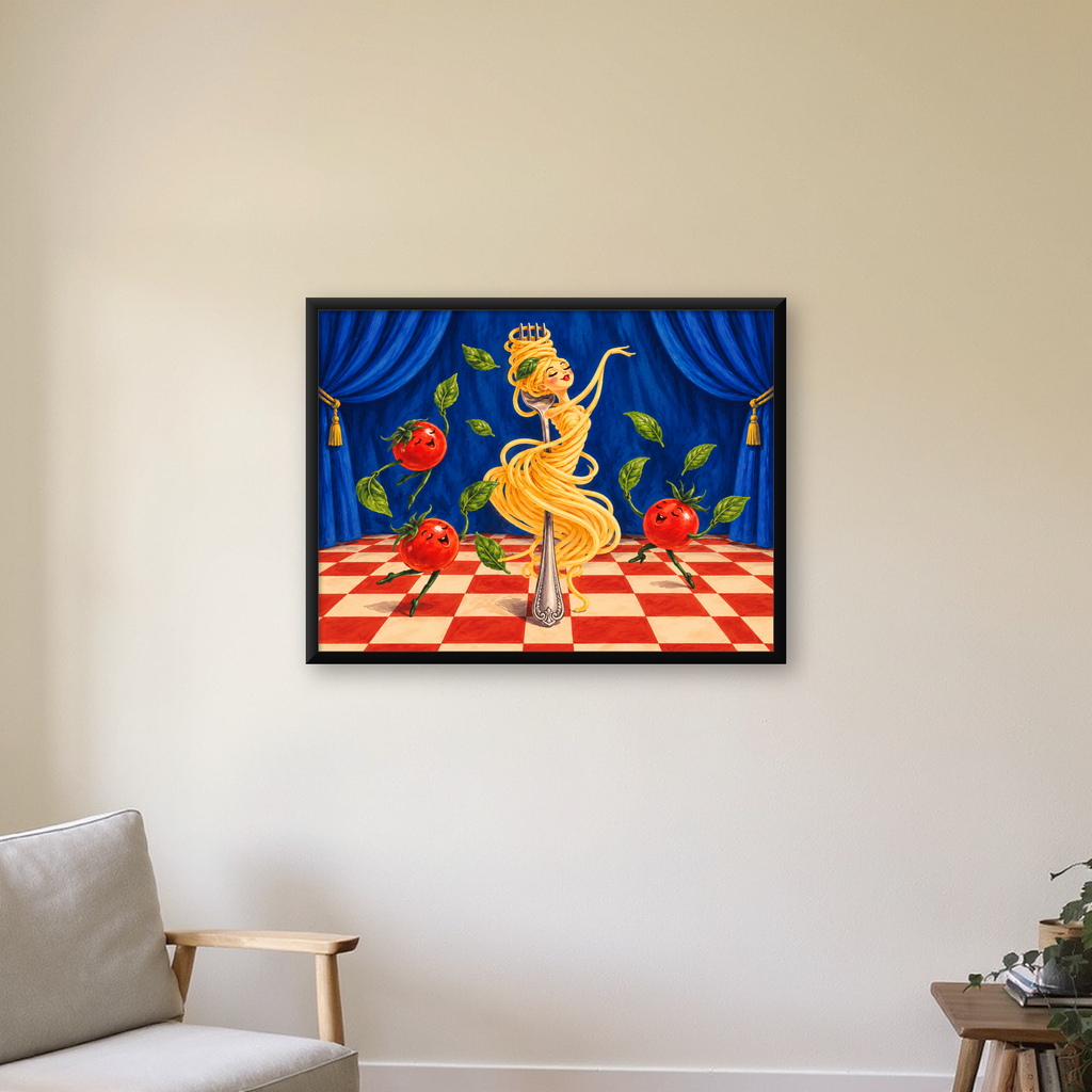 Spagetti Bale Dansı Poster – Renkli Modern Mutfağa Neşe — Yatay baskı, çerçeveli hâliyle bir ev duvarında