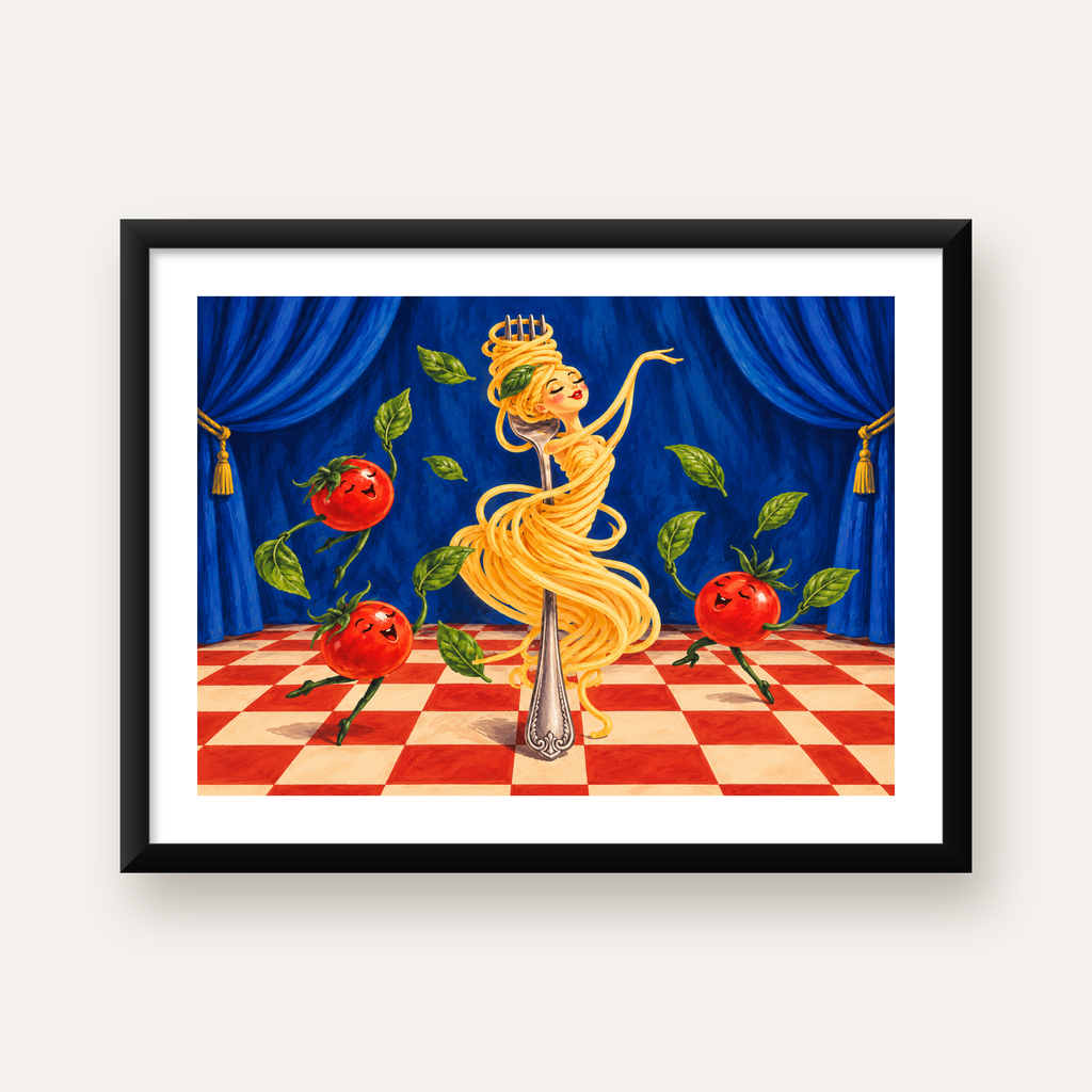 Spagetti Bale Dansı Poster – Renkli Modern Mutfağa Neşe — Yatay baskı, beyaz kenar boşluklu
