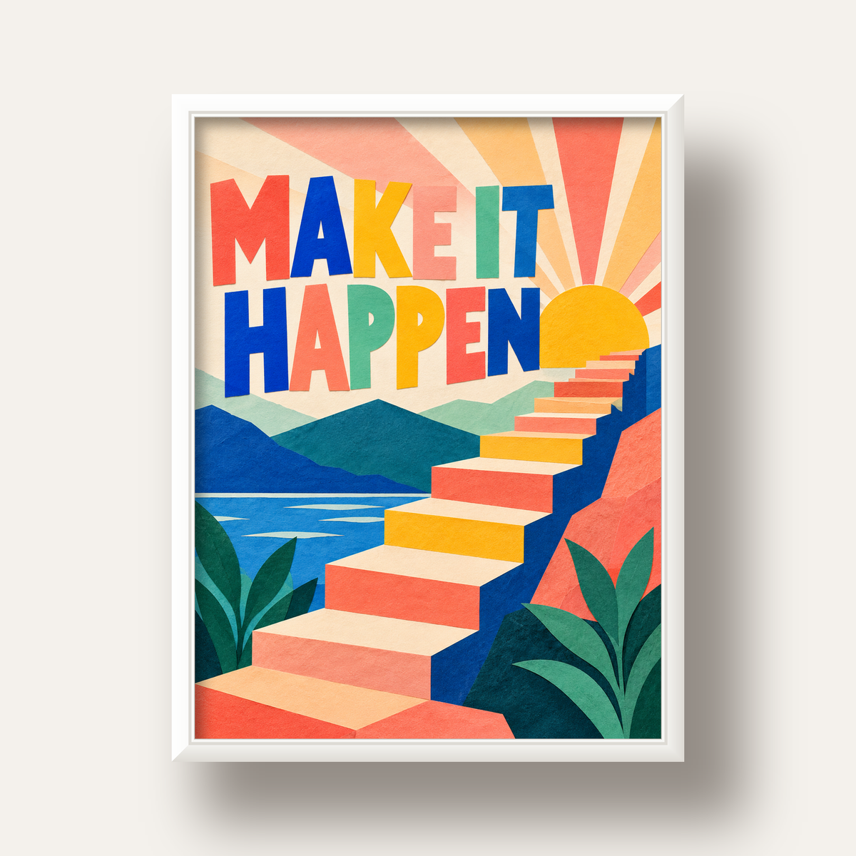 Motivasyonel Renkli Merdiven Poster – Make It Happen — beyaz derin çerçeveli