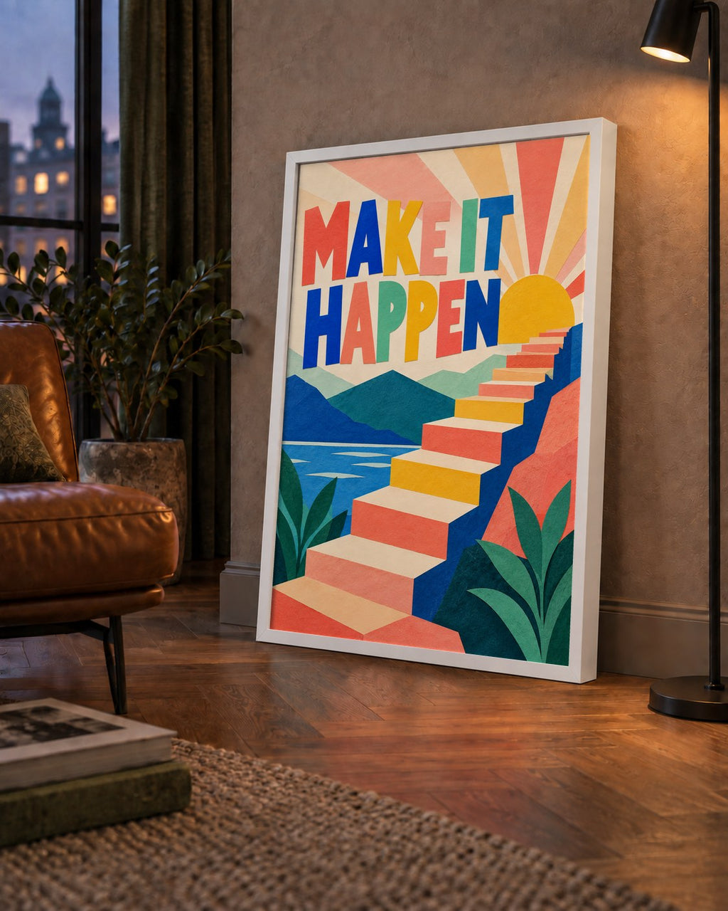 Motivasyonel Renkli Merdiven Poster – Make It Happen — çerçeveli hâliyle bir ev duvarında
