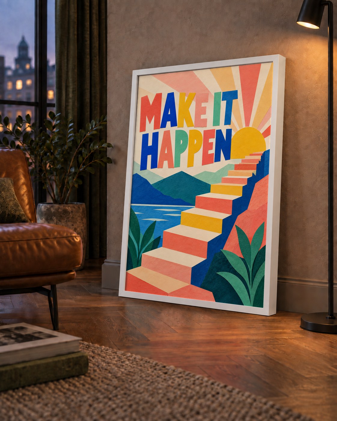 Motivasyonel Renkli Merdiven Poster – Make It Happen — çerçeveli hâliyle bir ev duvarında
