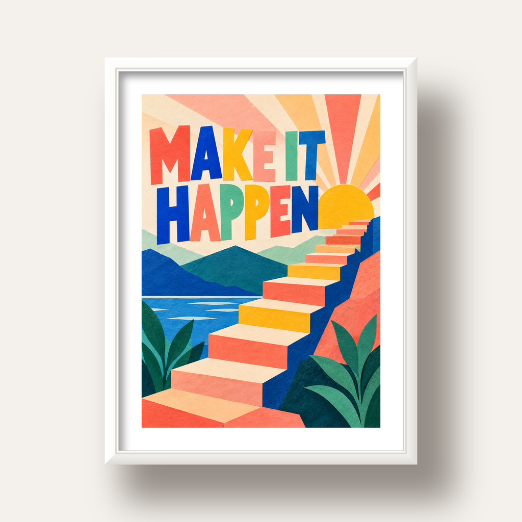 Motivasyonel Renkli Merdiven Poster – Make It Happen — beyaz derin çerçeveli paspartulu