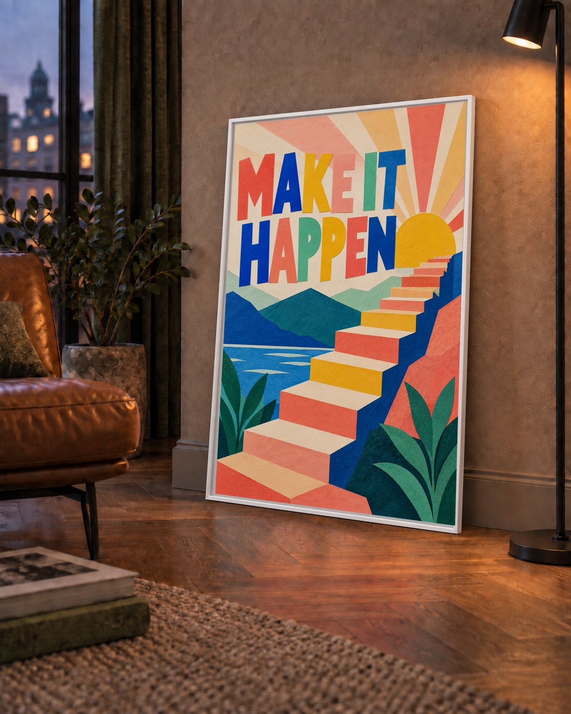 Motivasyonel Renkli Merdiven Poster – Make It Happen — çerçeveli hâliyle bir ev duvarında