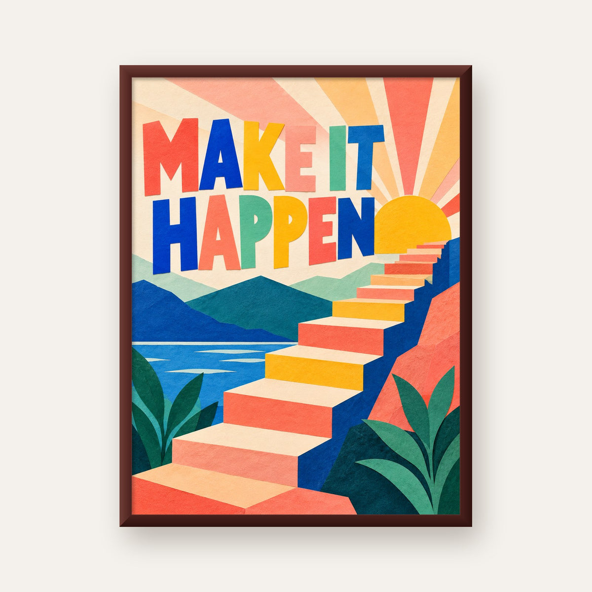 Motivasyonel Renkli Merdiven Poster – Make It Happen — ceviz çerçeveli