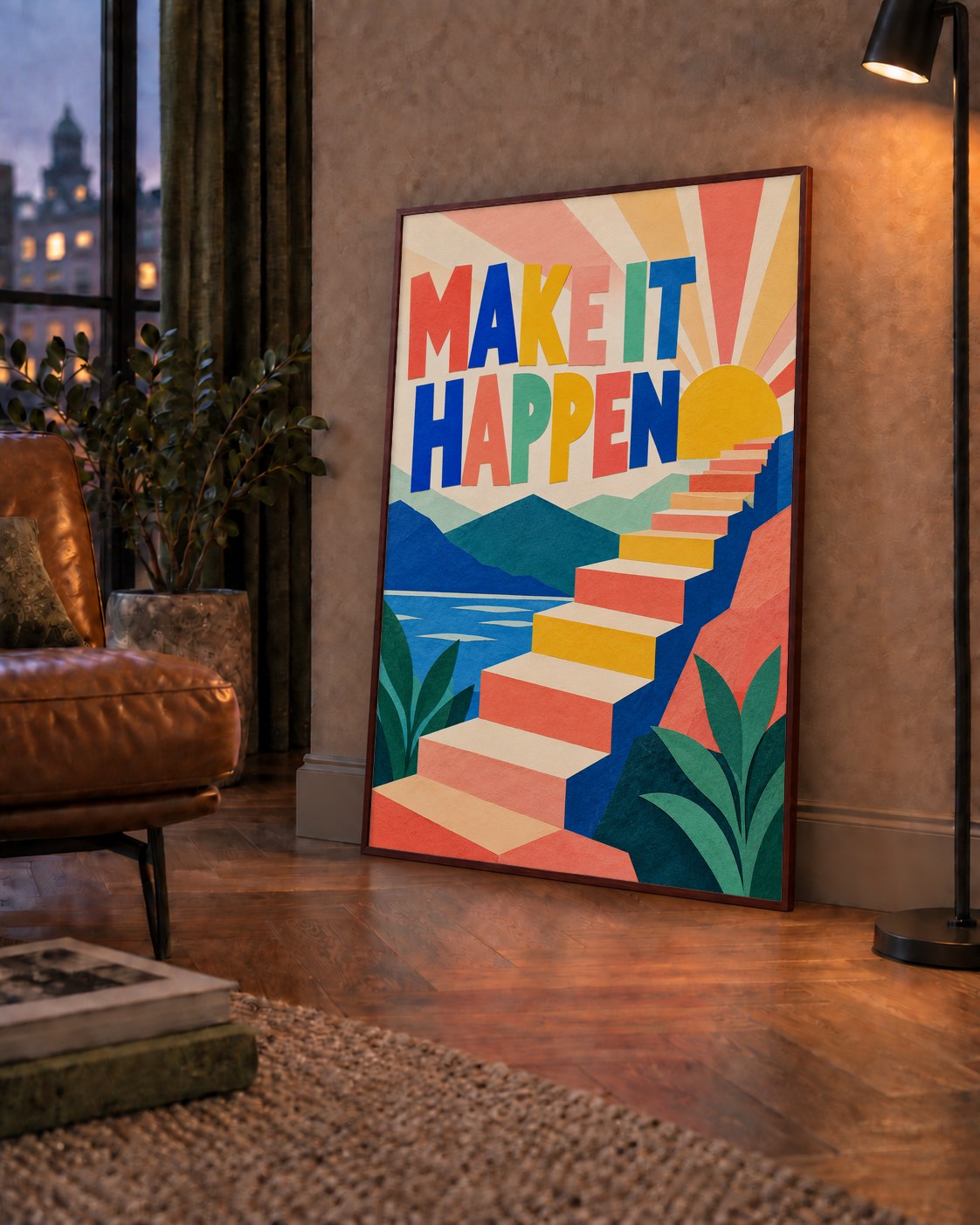 Motivasyonel Renkli Merdiven Poster – Make It Happen — çerçeveli hâliyle bir ev duvarında