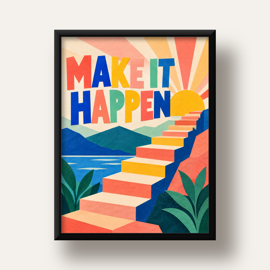 Motivasyonel Renkli Merdiven Poster – Make It Happen — siyah derin çerçeveli