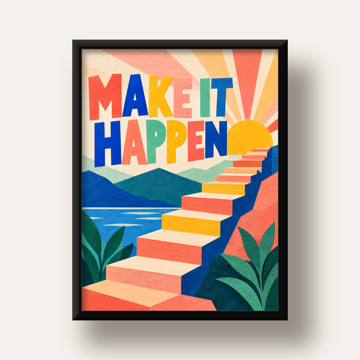 Motivasyonel Renkli Merdiven Poster – Make It Happen — siyah derin çerçeveli