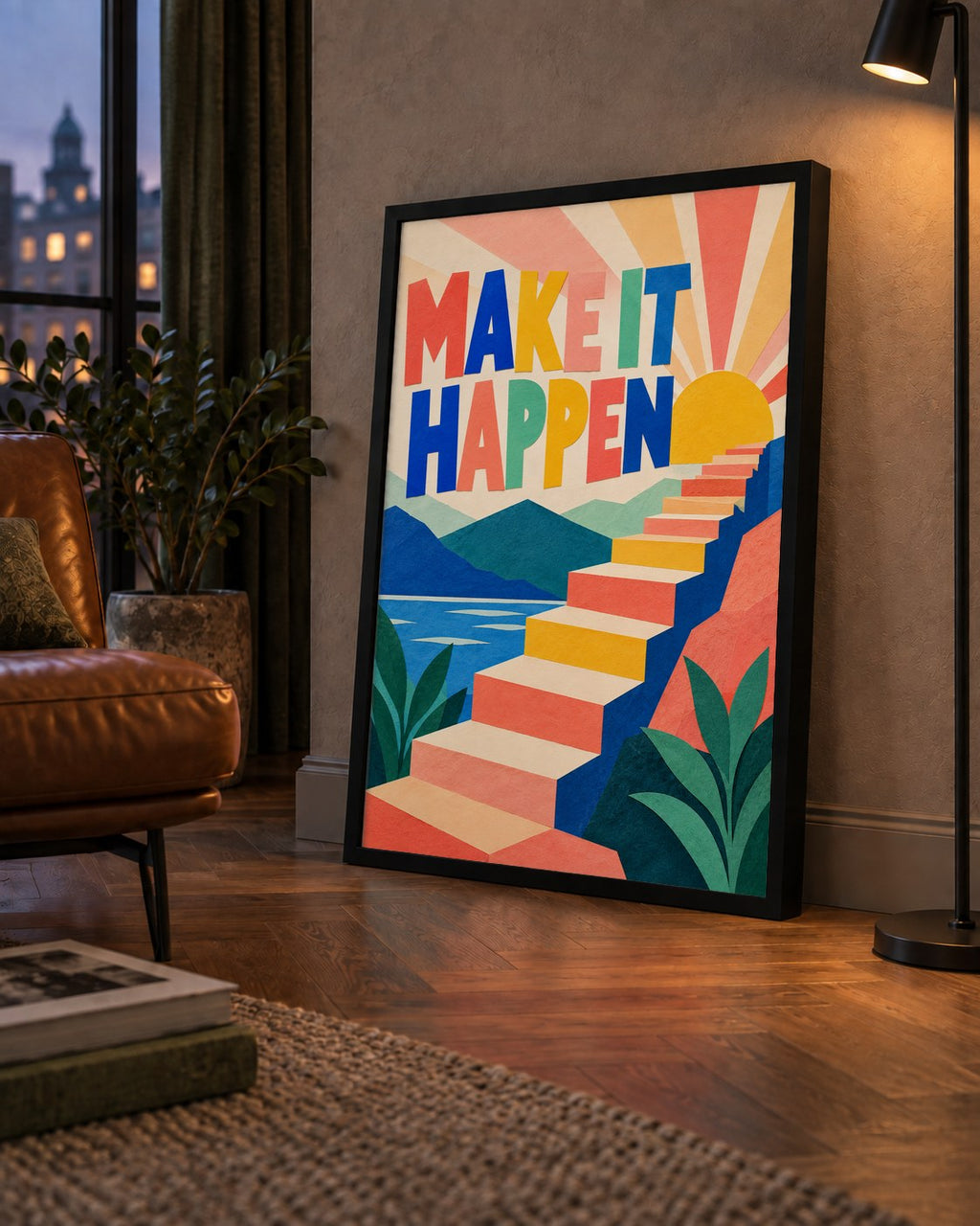 Motivasyonel Renkli Merdiven Poster – Make It Happen — çerçeveli hâliyle bir ev duvarında