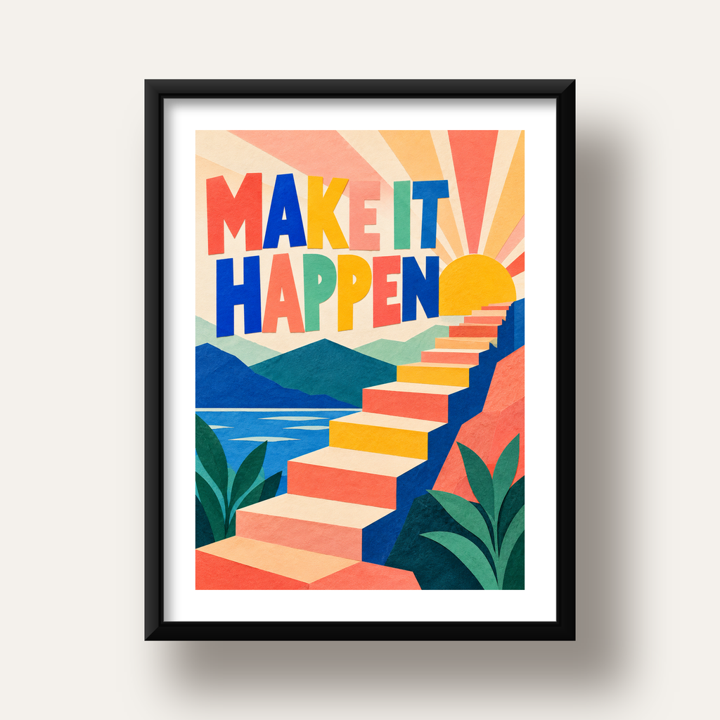 Motivasyonel Renkli Merdiven Poster – Make It Happen — siyah derin çerçeveli paspartulu
