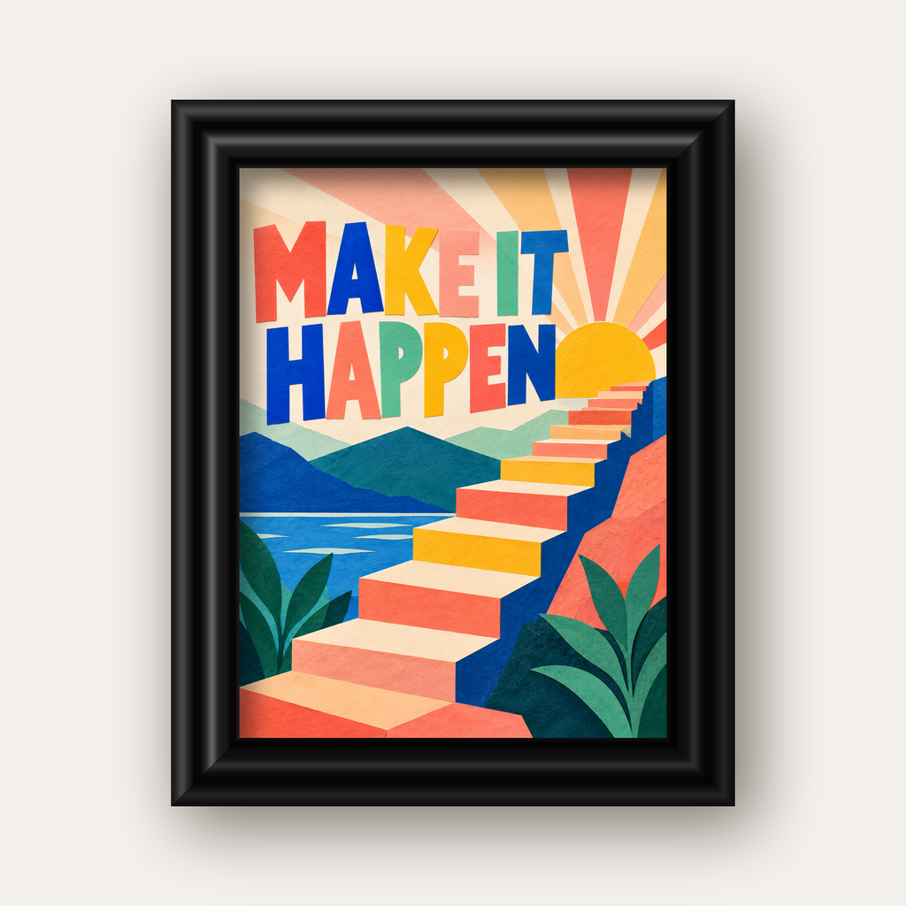 Motivasyonel Renkli Merdiven Poster – Make It Happen — siyah galeri çerçeveli