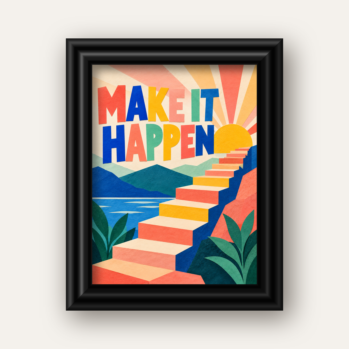 Motivasyonel Renkli Merdiven Poster – Make It Happen — siyah galeri çerçeveli