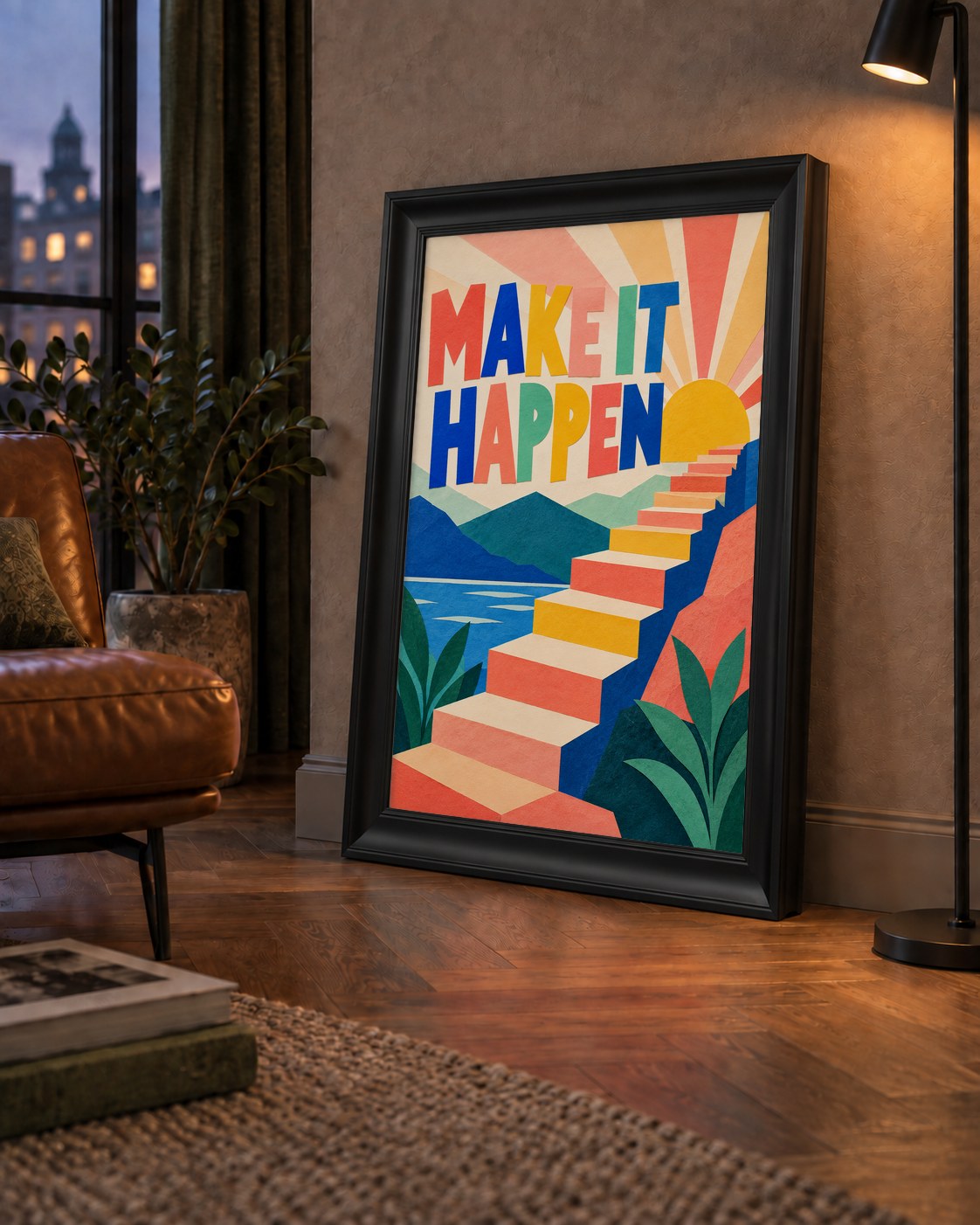 Motivasyonel Renkli Merdiven Poster – Make It Happen — çerçeveli hâliyle bir ev duvarında