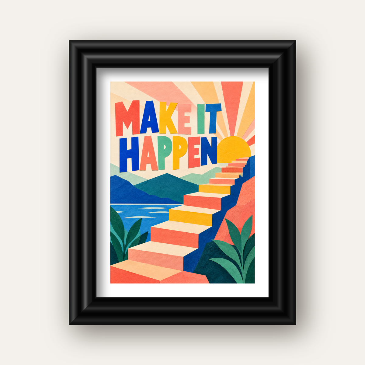 Motivasyonel Renkli Merdiven Poster – Make It Happen — siyah galeri çerçeveli paspartulu