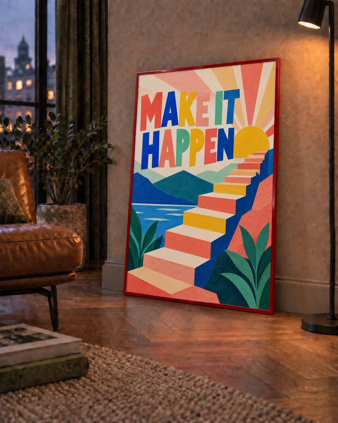 Motivasyonel Renkli Merdiven Poster – Make It Happen — çerçeveli hâliyle bir ev duvarında