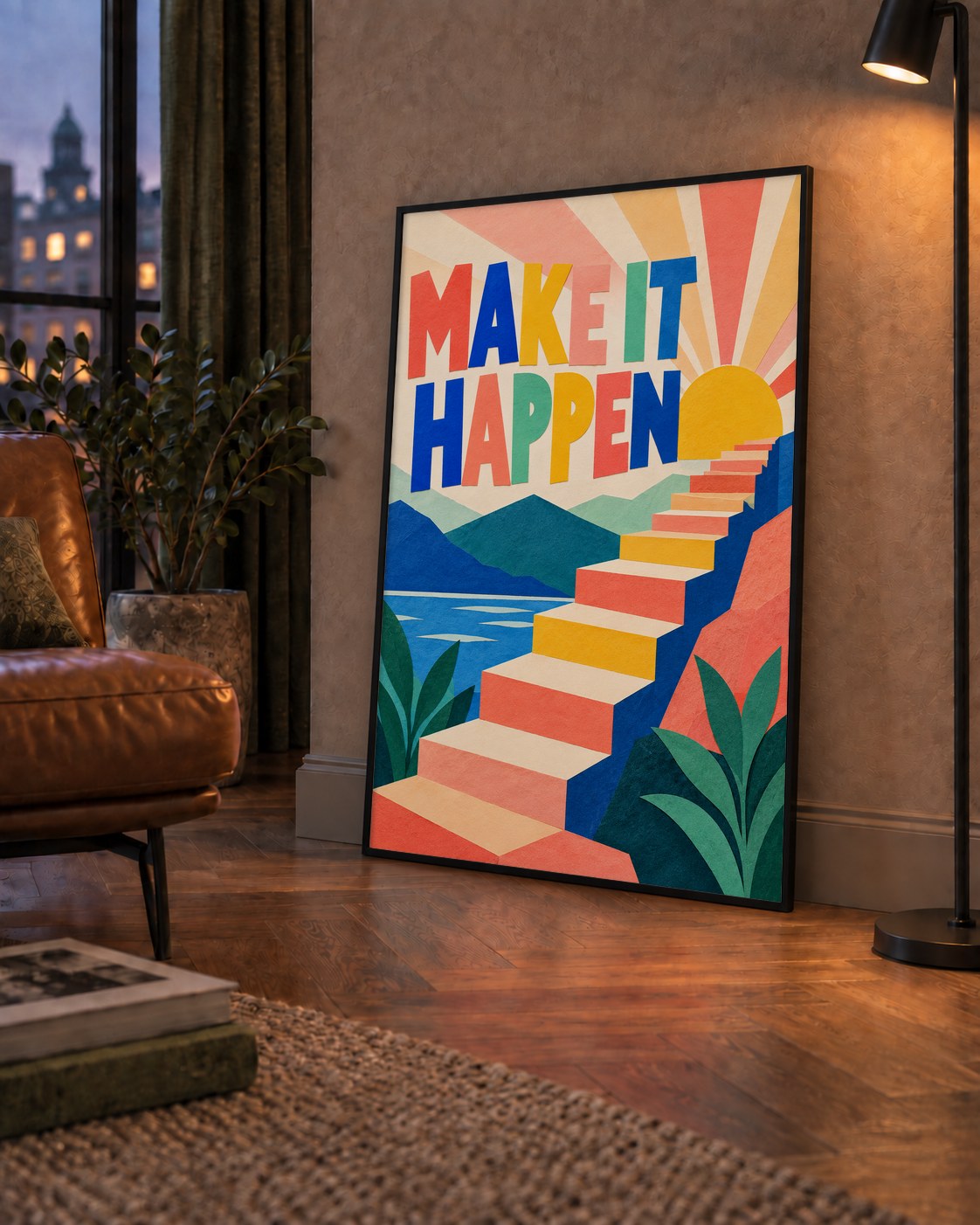 Motivasyonel Renkli Merdiven Poster – Make It Happen — çerçeveli hâliyle bir ev duvarında