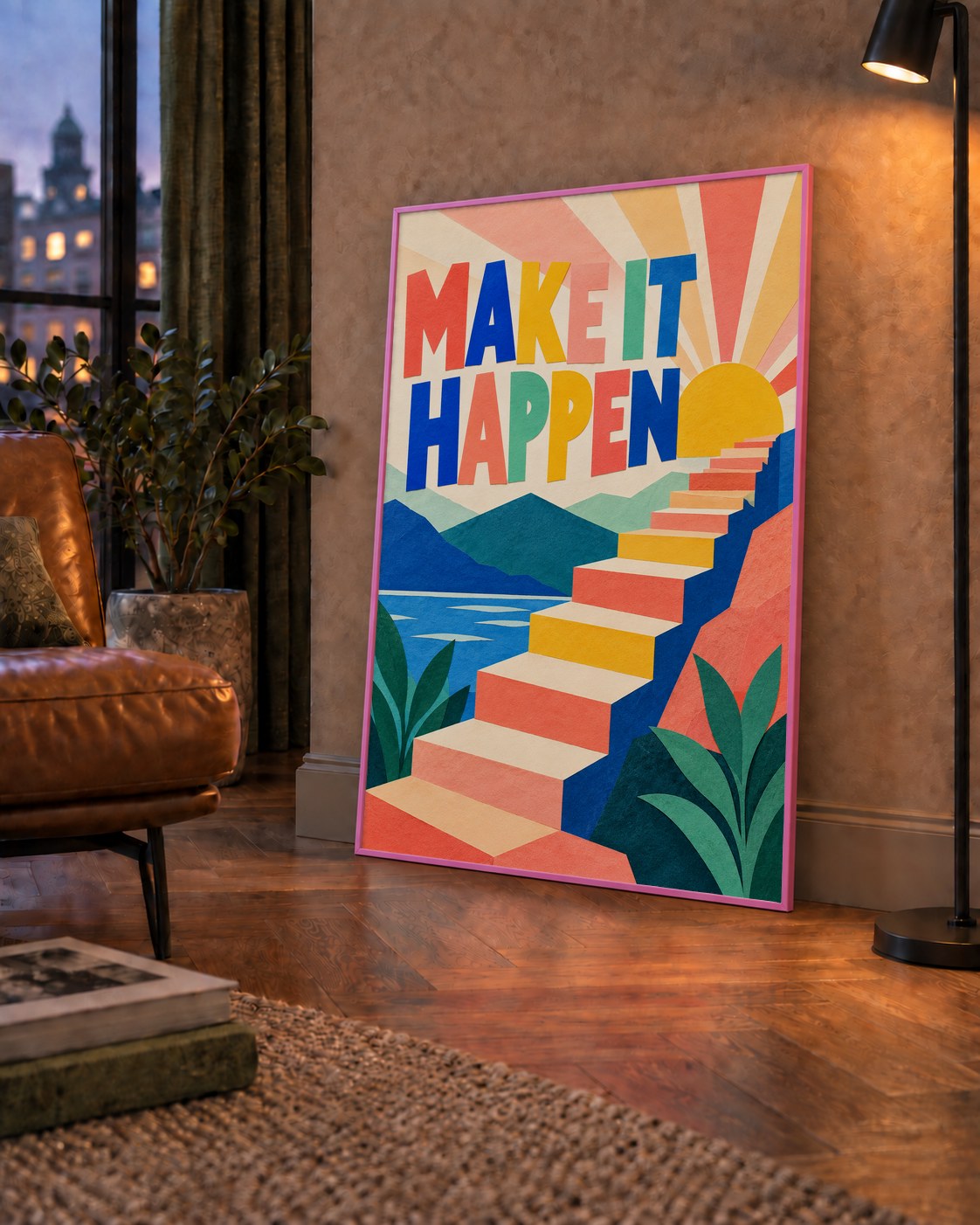 Motivasyonel Renkli Merdiven Poster – Make It Happen — çerçeveli hâliyle bir ev duvarında