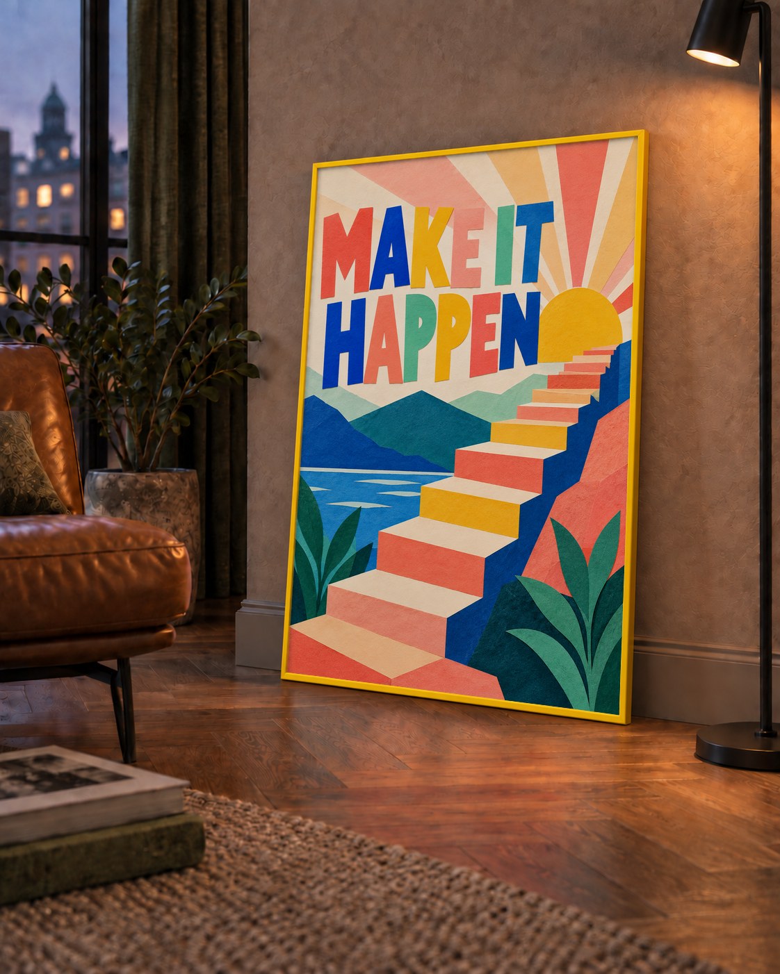 Motivasyonel Renkli Merdiven Poster – Make It Happen — çerçeveli hâliyle bir ev duvarında