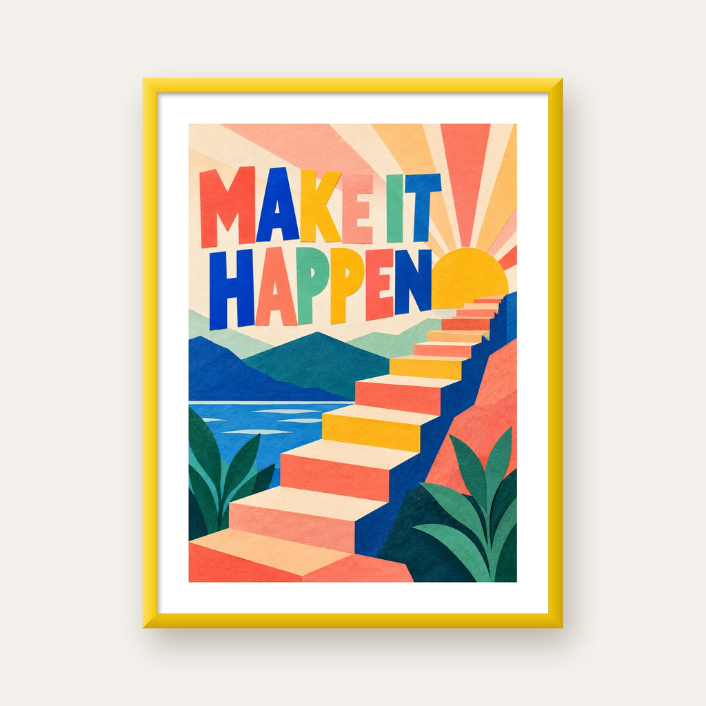 Motivasyonel Renkli Merdiven Poster – Make It Happen — sarı çerçeveli paspartulu