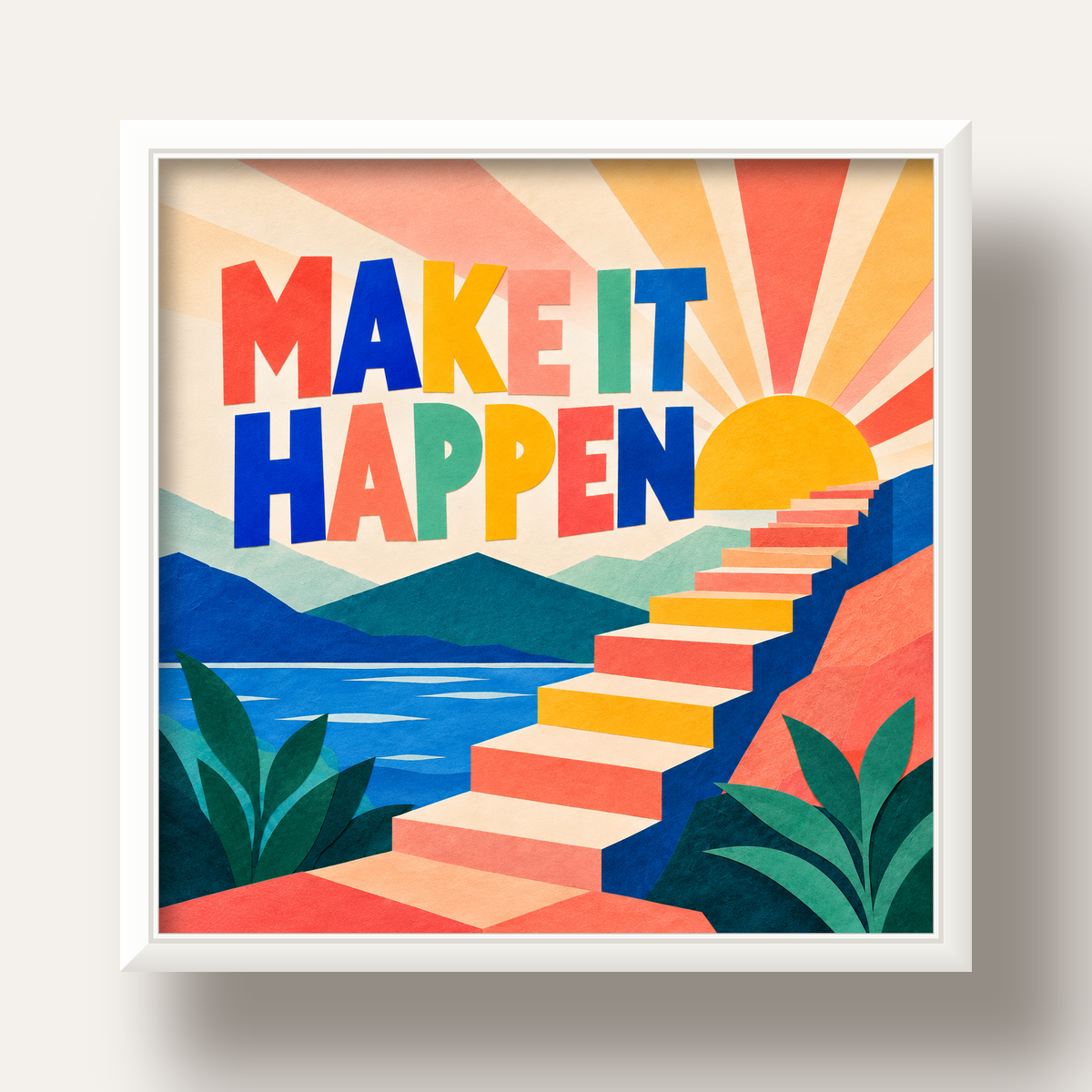 Motivasyonel Renkli Merdiven Poster – Make It Happen — beyaz derin çerçeveli