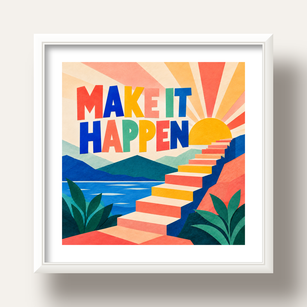 Motivasyonel Renkli Merdiven Poster – Make It Happen — beyaz derin çerçeveli paspartulu