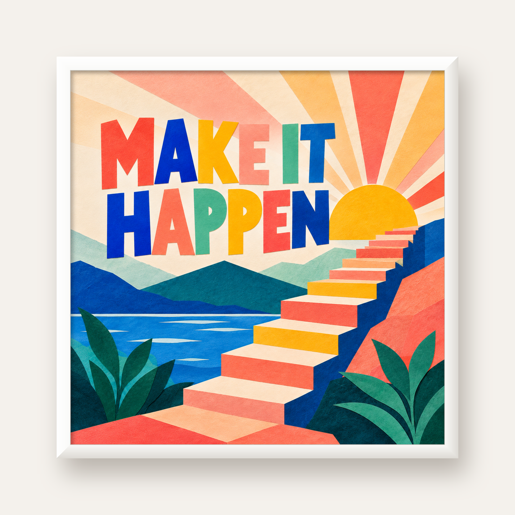 Motivasyonel Renkli Merdiven Poster – Make It Happen — beyaz çerçeveli kare poster