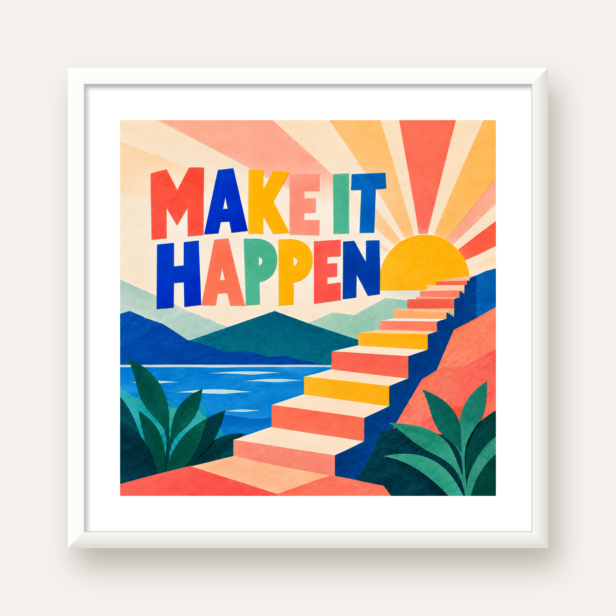 Motivasyonel Renkli Merdiven Poster – Make It Happen — beyaz çerçeveli kare poster