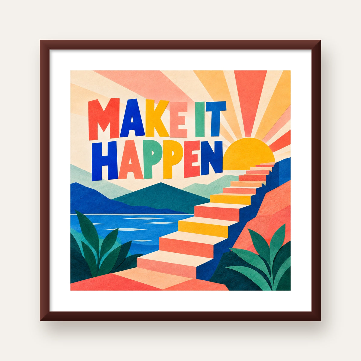 Motivasyonel Renkli Merdiven Poster – Make It Happen — ceviz çerçeveli paspartulu