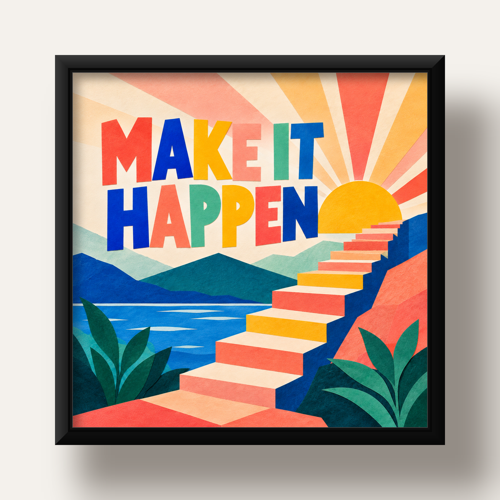 Motivasyonel Renkli Merdiven Poster – Make It Happen — siyah derin çerçeveli