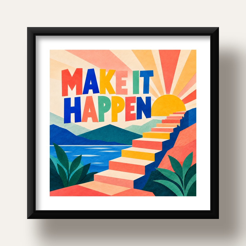 Motivasyonel Renkli Merdiven Poster – Make It Happen — siyah derin çerçeveli paspartulu