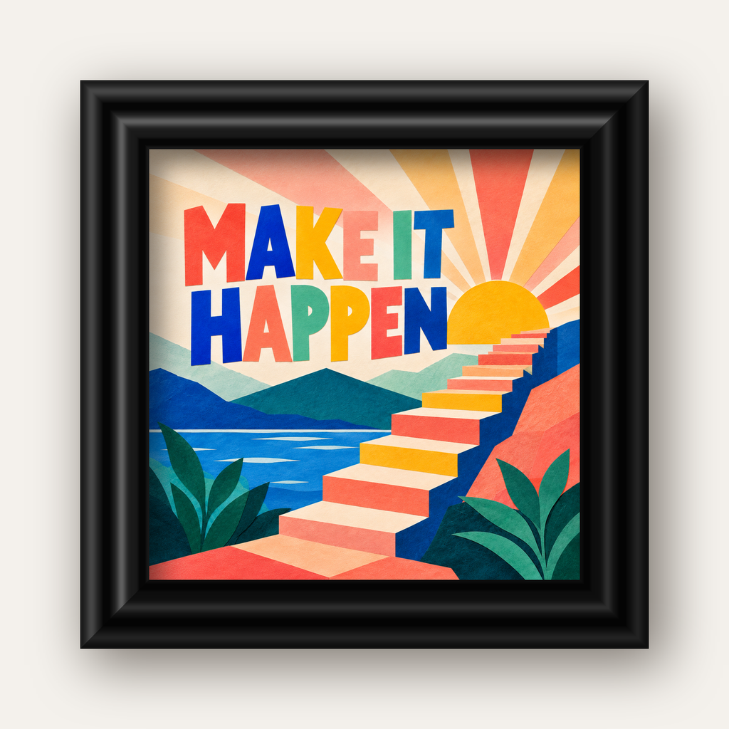 Motivasyonel Renkli Merdiven Poster – Make It Happen — siyah galeri çerçeveli