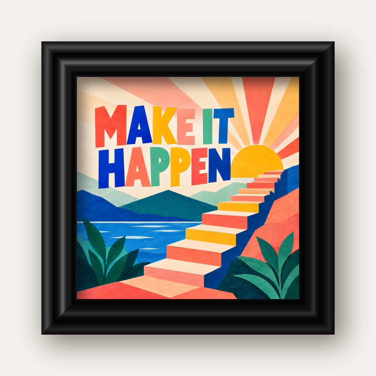 Motivasyonel Renkli Merdiven Poster – Make It Happen — siyah galeri çerçeveli