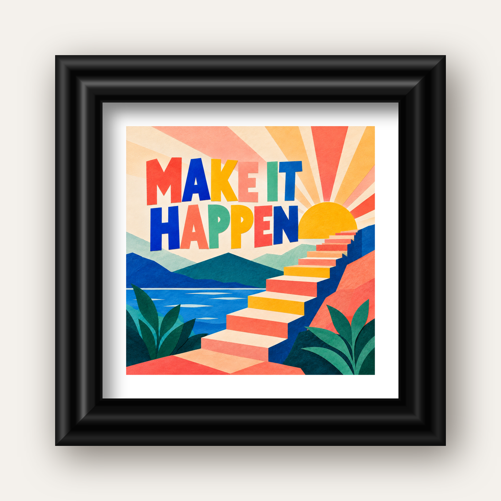 Motivasyonel Renkli Merdiven Poster – Make It Happen — siyah galeri çerçeveli paspartulu