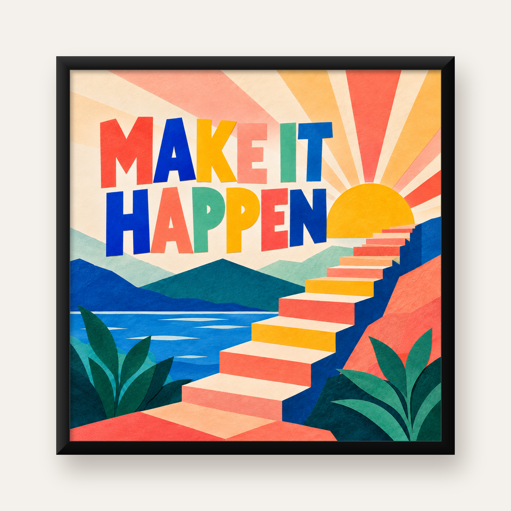Motivasyonel Renkli Merdiven Poster – Make It Happen — Kare baskı, düz siyah çerçeveli duvar posteri