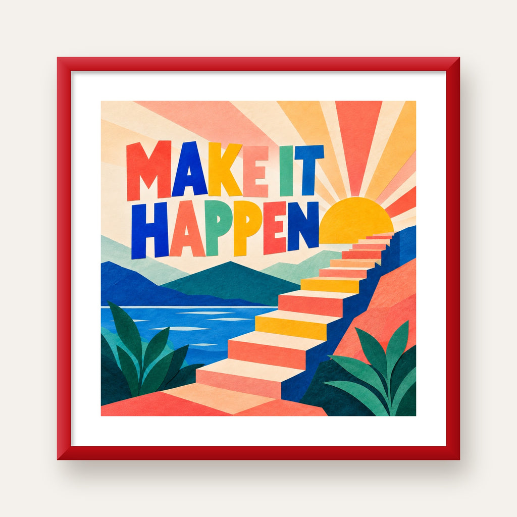 Motivasyonel Renkli Merdiven Poster – Make It Happen — kırmızı çerçeveli paspartulu