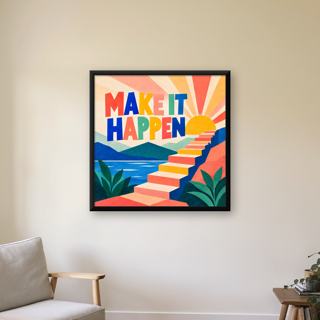Motivasyonel Renkli Merdiven Poster – Make It Happen — Kare baskı, çerçeveli hâliyle bir ev duvarında