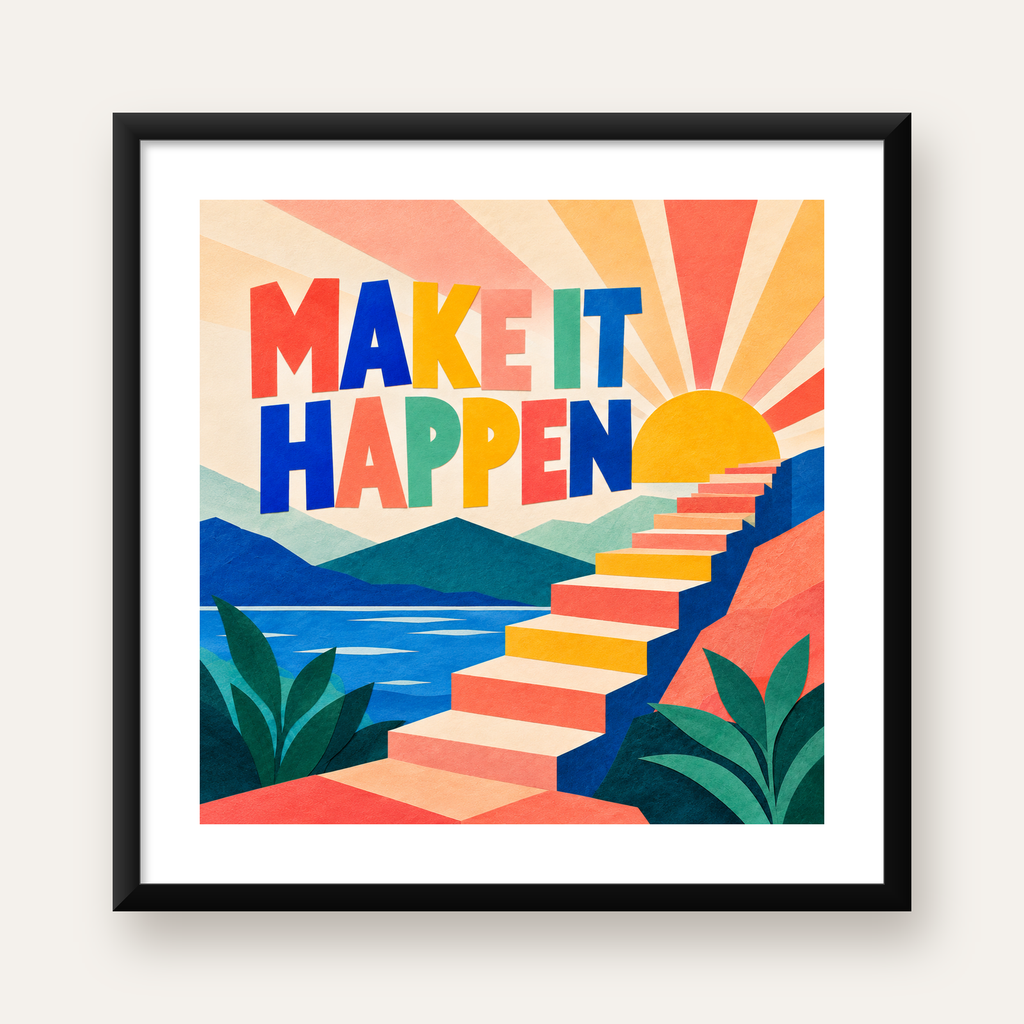 Motivasyonel Renkli Merdiven Poster – Make It Happen — Kare baskı, beyaz kenar boşluklu