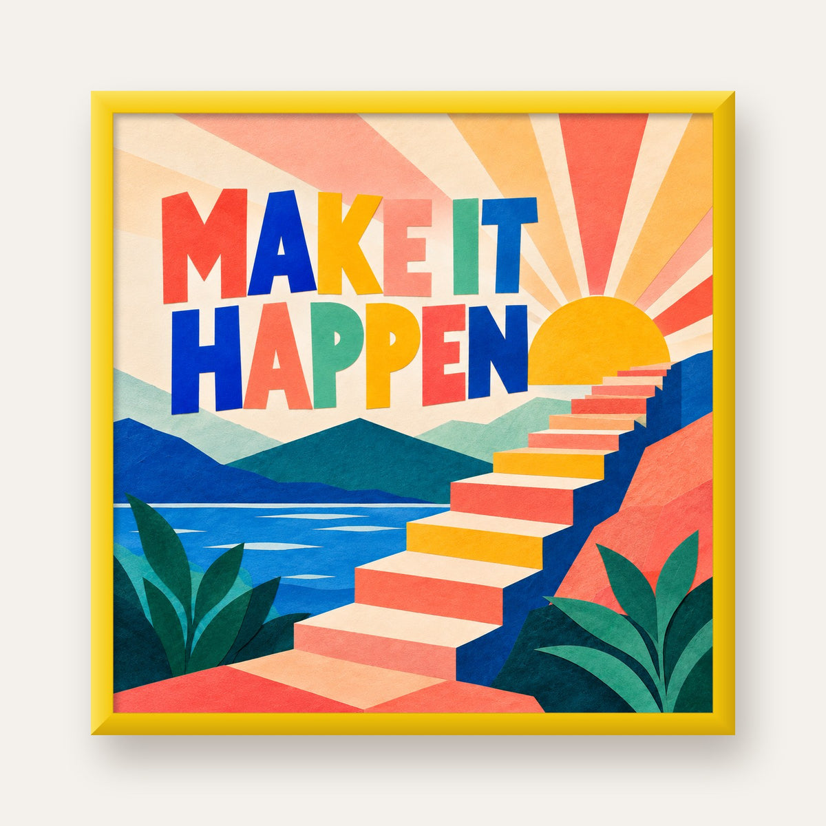 Motivasyonel Renkli Merdiven Poster – Make It Happen — sarı çerçeveli