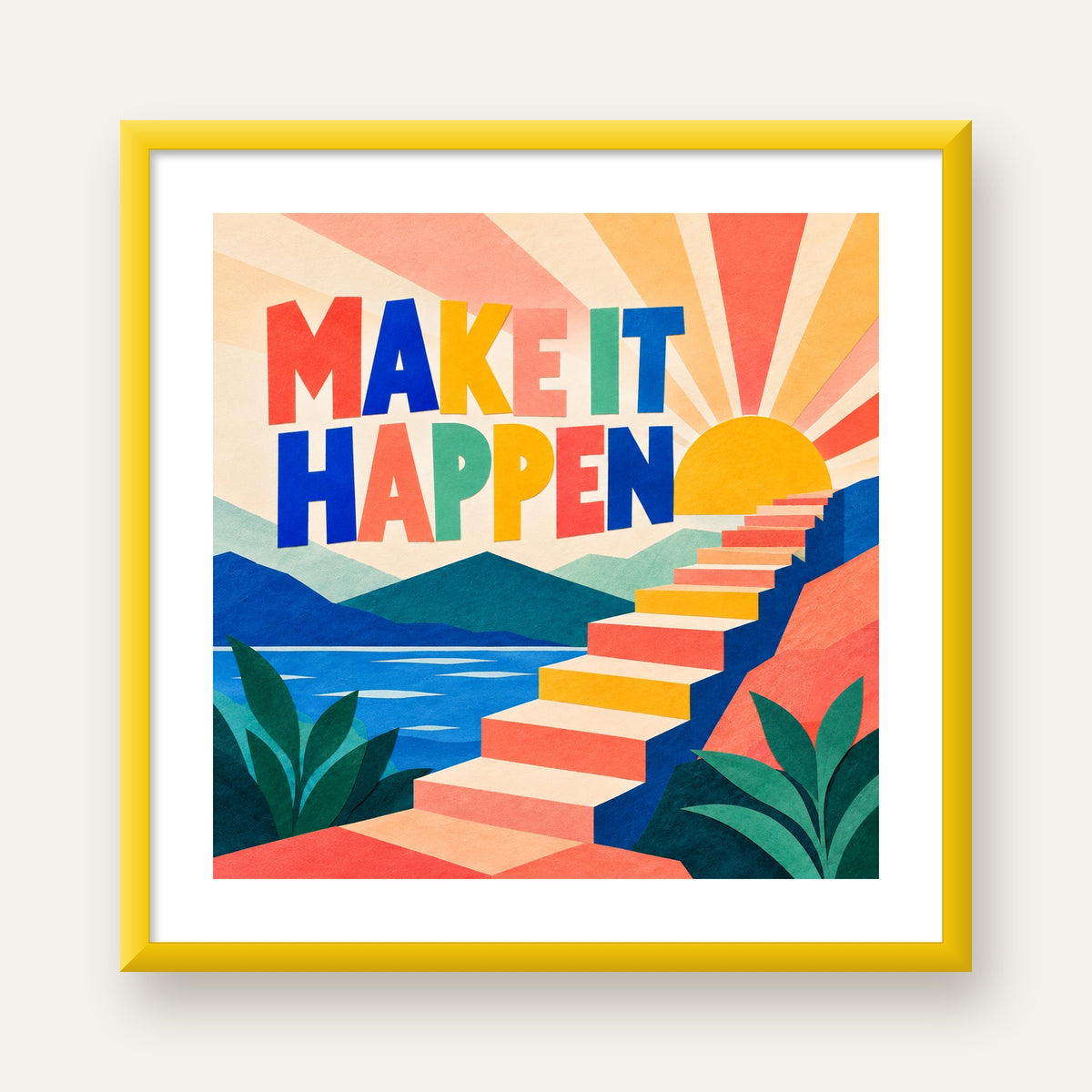 Motivasyonel Renkli Merdiven Poster – Make It Happen — sarı çerçeveli paspartulu