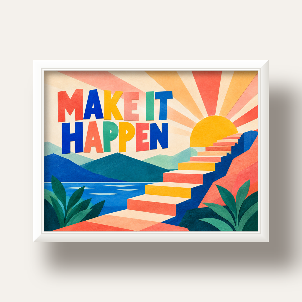 Motivasyonel Renkli Merdiven Poster – Make It Happen — beyaz derin çerçeveli